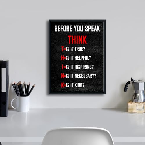 Pyradecor Black Framed Wall Art Inspirational Poster Canvas Prints Motivational Think Before You Speak Classroom Positive Quotes for Office Living Room Home Decorations - color: Think, size: 17"L x 13"W