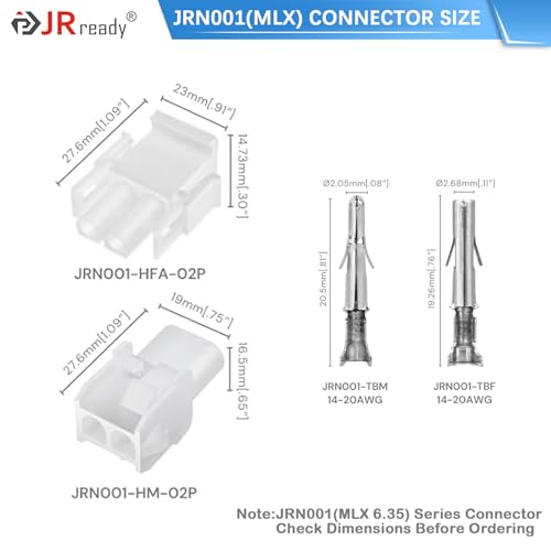 JRready ST6424 Power Connector 2 Pin (6 Matched Sets), 2.13mm Diameter Pin and Sockets 14-20 AWG, Compatible with Molex MLX Power Connector 2 Pin Male& Female, 6.35mm Pitch,Free Hanging - size: MLX 2Pin Connector