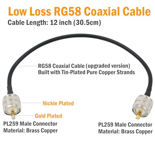 exgoofit PL259 Male to Male Adapter Cable Low Loss Digital Coax UHF Jumper Cable 12 inch RG58 for HAM & CB Radio,Antenna Analyzer,Dummy Load,SWR Meter - size: 1-PACK