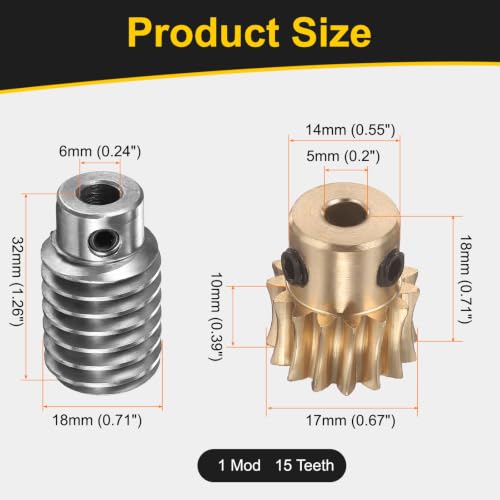 uxcell Worm Gear Set 15T 1 Module 15:1 Reduction Rate, 5mm/6mm Bore - size: 5mm/6mm Bore (1Mod 15T)