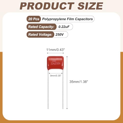 MECCANIXITY Capacitors Kit CBB21/CBB22 250V 224J 0.22UF Red 20 PCS - style: 250V 224J 0.22UF
