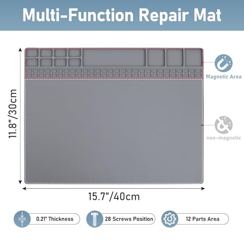 Heat Insulation Soldering Mat - Magnetic Silicone Work Mat, Silicone Soldering Mat for Soldering, Computer, Cell Phone, Watch Repair, BGA Soldering Gun Iron Workbench Protection (15.9''×11.9'') - Gray - color: Grey-medium