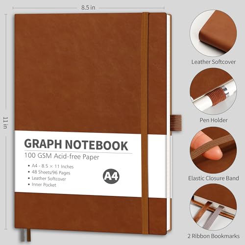 RETTACY Graph Grid Paper Notebook, 96 Pages, A4 Large Size (8.5'' x 11'') - color: Brown, style: Grid