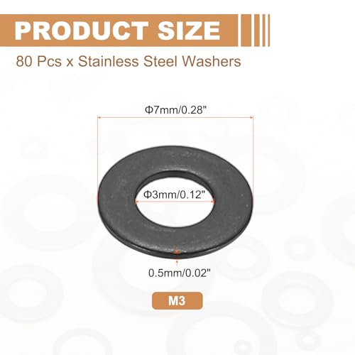 PATIKIL 80pcs M3 Stainless Steel Washers M3x7x0.5mm Flat Washers Metal - size: M3x7x0.5