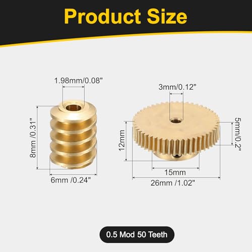 uxcell Worm Gear Set Right Rotation 50T 0.5 Module 1:50 Reduction Rate - size: Gear-3mm, Rod-1.98mm Bore, style: 0.5M-50T