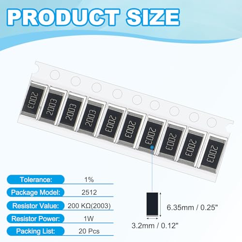 PATIKIL 2512 Surface Mount Device Chip Resistor Kit, 20Pcs 200K Ohm 1% Tolerance 1W DIY Resistor Ceramic Resistance Assortment Kits for Electronic Products - style: 200K Ohm