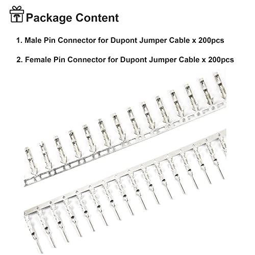 200 Pairs Male and Female Pin Connector Kit 2.54mm / 0.1" Pitch for 22~28AWG Dupont Jumper Wire Cable (200pcs Male Pin Connectors + 200pcs Female Pin Connectors)