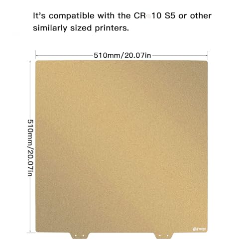 FYSETC 3D Printing Build Platform CR10 S5 Upgrades Flexible Spring Steel Sheet 510mm/20x20in Bed Double Sided Textured Pei Powder Coated Gold Print Plate with Sticker Base 2.0MM - style: 510mm powder plate+ B