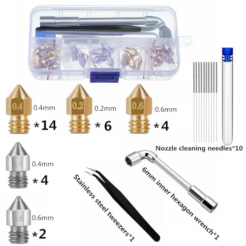 30pcs 3D Printer nozzles mk8 Nozzle Brass + Stainless Steel 0.2mm 0.4mm 0.6mm for Ender 3 V2 /Ender 3/Ender 3 Pro/Ender 3 Max/Ender 5 Pro/Ender 3 S1/Ender 3 Neo/CR 10 Seriesand so on…