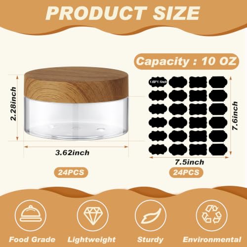 24 Pack 10 oz Clear Cosmetic Jars with Dark Natural Wood Lids and Labels - color: Clear with Dark Wood Lid, size: 10 oz