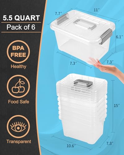 EOENVIVS Plastic Storage Bins 7 Quart-Storage Organizer Bins with Grey Buckle Lids, Stackable Storage Bins with Lids for Home Office Kids Room Closet School Art Supplies Organization,6 Packs, Clear - color: Grey