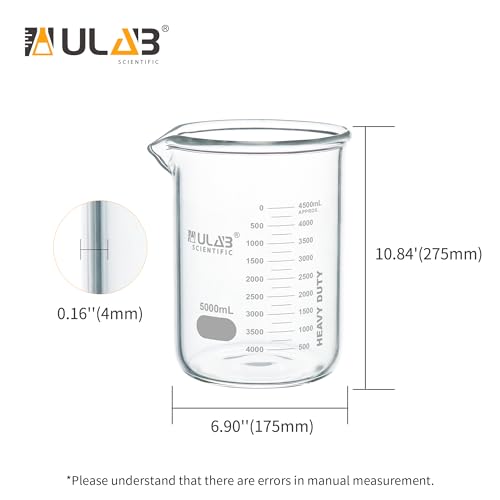ULAB Low Form Glass Beaker, Vol.5000ml, 3.3 Borosilicate Glass, Printed Graduation, UBG1024 - style: Vol.5000ml, Pack of 1
