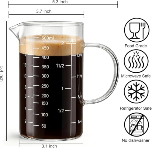 2 Pack Glass Liquid Measuring Cup 500ML 2 CUP with Handle, High Borosilicate Glass Measuring Beaker Three Scales (OZ, Cup, ML/CC) for Kitchen or Restaurant, V-Shaped Spout, Easy to Read