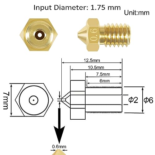 Aokin 8 Pcs 0.6mm Extruder Nozzles 3D Printer Brass Nozzles for E3D V5 V6 1.75mm Filament 3D Printer - color: 0.6mm