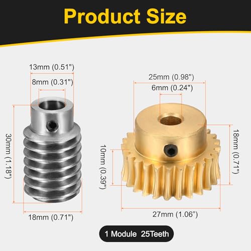 uxcell Worm Gear Set Right Rotation 25T 1 Module 25:1 Reduction Rate - size: Gear-6mm, Worm-8mm Bore, style: 1M-25T