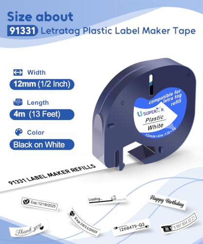 12mm 91331 Plastic White Label Compatible for Dymo LetraTag Refills, 5-Pack - color: Black on White Plastic
