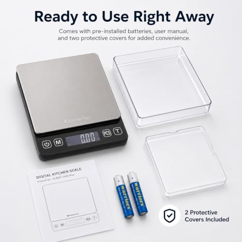 KitchenTour Digital Kitchen Gram Scale - 3000g/0.1g - High Accuracy Precision Food Scale with 9 Units(g/oz/ml/lb/lb:oz/gn/ozt/DWT/ct) - Meat Scale with Back-Lit LCD Display(Batteries Included) - size: 3000g/0.1g (Pack of 1)