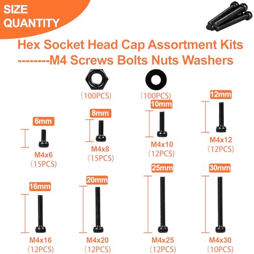 300pcs M4 Screw Kit, Premium M4 Hex Socket Head Cap Screw Assortment with Nuts and Washers, M4 x 6mm /8mm /10mm /12mm /16mm /20mm /25mm /30mm (Black) - size: M4