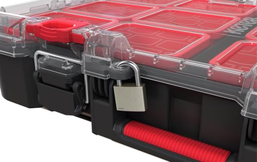 Keter Stack N' Roll Tool Organizer, Portable Small Parts Organizer with Removable Bins, Clear Lid, Lockable Storage Case for Screws, Nails, Fasteners & Hardware, Stackable Modular Tool Storage - color: Black/Red, size: Tool Organizer