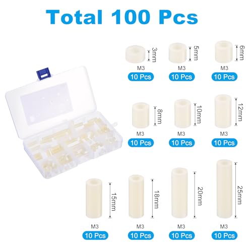 PATIKIL M3 Nylon Spacer Set, 100Pcs Non-Threaded ABS Round Spacer Standoff Assortment Electrical Outlet Spacers for PCB Motherboard, Circuit Board, Switch and Receptacle, White - color: White, size: M3