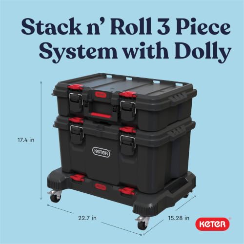 Keter Stack-n-Roll 3-Piece Rolling Tool Storage System – Includes Dolly, Tool Box & Deep Power Tool Case | Modular Mobile Tool Organizer | Stackable Design for Garage, Jobsite & Workshop - color: Black/Red, size: 3PC with Dolly