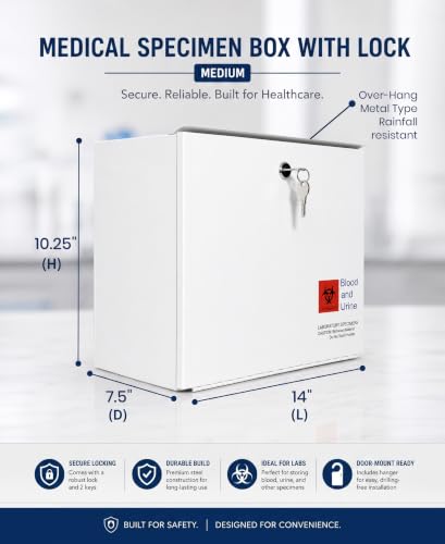 Medical Specimen Box with Lock & Over-Hang Metal, Medium 14 x 7.5 x 10.25in Water Leak-in Proof, Secure Handling & Storage, White Heavy-Duty Metal Door Drop Box for Medical Lab, Office - size: Medium (Over-Hang Metal)