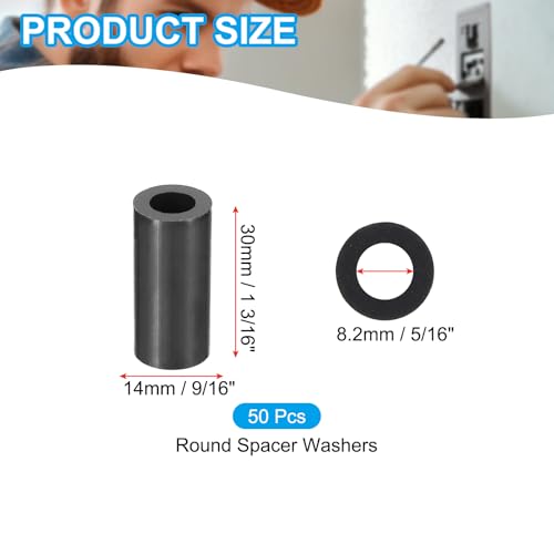 PATIKIL 50Pcs M8 ABS Spacers 5/16" ID x 9/16" OD x 1 3/16" L Plastic Round Spacer Washers Black Standoff Nut Unthreaded for M8 or 5/16 inch Screws Bolts Electrical Outlet - size: 5/16" ID x 9/16" OD x 1 3/16" L