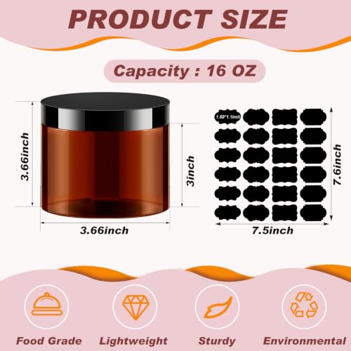 24 Pack 16 oz Amber Plastic Jars with Black Lids and Labels Wide Mouth - color: Amber with Black Lid, size: 16 oz