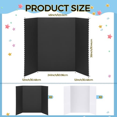 Mooliwe 4 Pack 48" X 36" Black White Trifold Poster Board, Large Tri Fold Boards Foldable Corrugated Presentation Display Scalloped Border for Science Fair, School Projects, Back to School Supplies - color: Black White, size: 48" X 36"