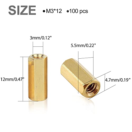 100Pcs M3x 12mm Female Brass Thread Hex Standoff Spacer Screws Threaded Pillar PCB Motherboard Assortment Kit for DIY Computer Build, Circuit Board - size: M3x 12mm Female-100pcs