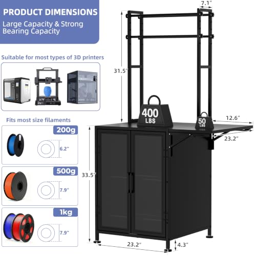 3D Printer Stand with Filament Storage Cabinet, Wheel, Foldable Side Table - color: Black-with Cabinet