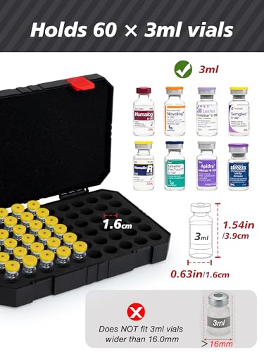 Peptide Case for Fridge, 60 Slots 3ml Vials Holder, Insulin Vial Travel Organizer, Diabetes Medication Storage Case for Daily Use (Black) - color: 3ml-60 Slot- Black