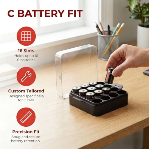 ALCYON Battery Organizer Storage Case, Battery Vault Box Container for 16pcs C Batteries, Plastic Clear Protective Battery Holder for Travelling/Home/Office (Black, Medium) - color: Black, size: 16+C Batteries