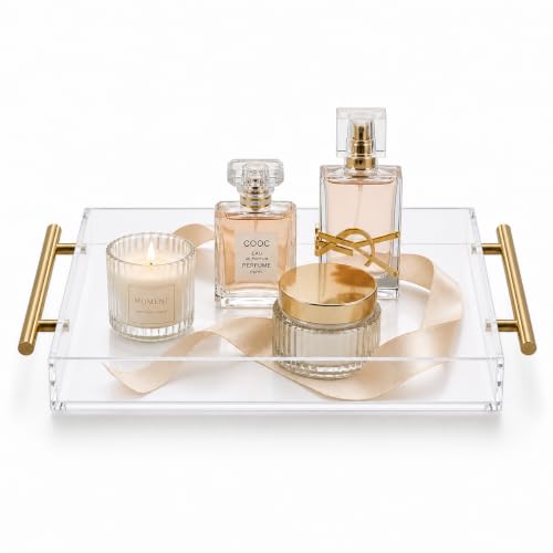 Clear Acrylic Tray 15x10” with Golden Metal Handles - Large Plastic Tray for Serving Guests, Countertop Organization, Ottoman Coffee Table & Vanity – Modern Decorative Tray for Home & Office - color: Golden Handles - Transparent, size: 15" x 10" x 2"