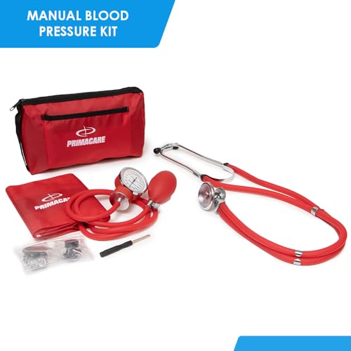 Primacare DS-9181-RD Professional Aneroid Sphygmomanometer and Sprague Rappaport Stethoscope, Manual Blood Pressure Kit with Cuff and Carrying Case, Red - color: Red