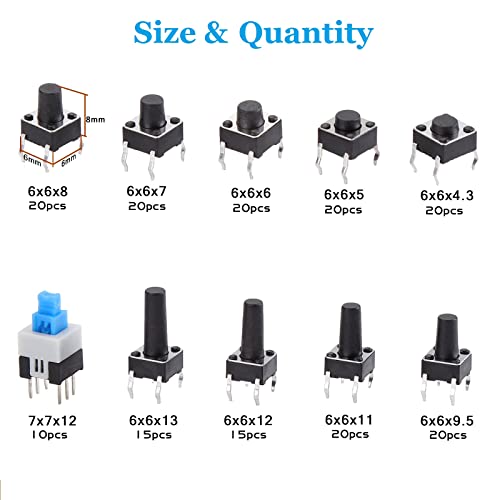 180Pcs Tactile Push Button Switch Assortment Kit, 10 Values 6x6mm 4-Pin Micro Momentary Tact Switch Set