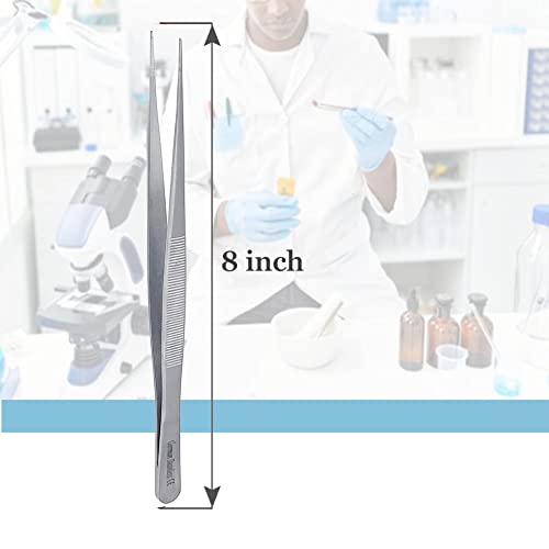 Stainless Steel High Precision Forceps with Fine Strong Straight Serrated Point to use Engineer Labware for Scientific Use, (8 Inch) - size: 8 Inch