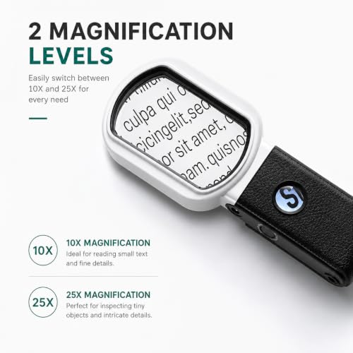 25X 10X Magnifying Glass with Stand & LED Light for Seniors Reading - color: Black and White