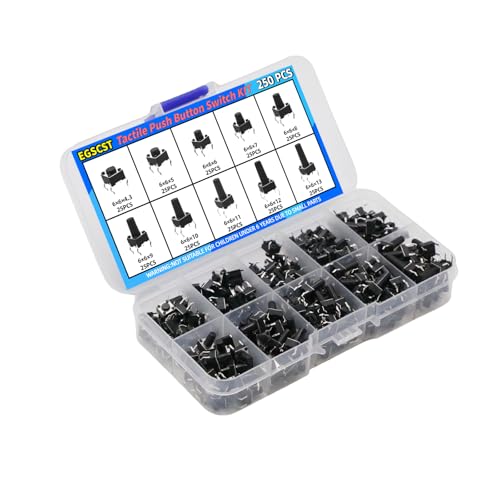 250PCS 10 Values 6x6mm Tactile Push Button Switch Assortment Kit 4 Pins Micro Momentary Tact Pushbutton Switches Set - style: 250 PCS 10 Values