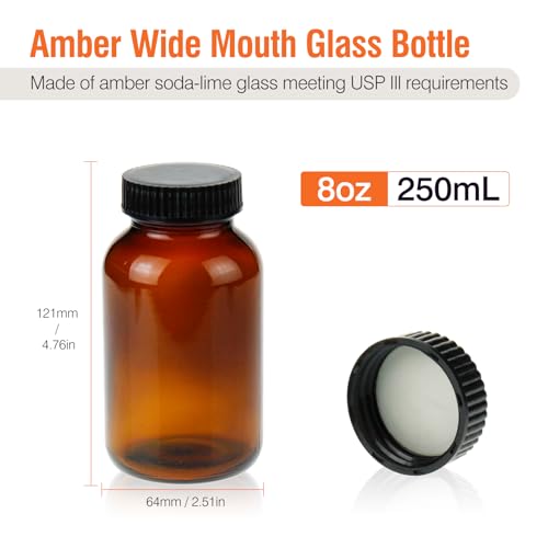 PEKYBIO 24 Pack 250ML Amber Glass Wide Mouth Packer Bottle with Cap - size: 250 mL (8.3 fl oz) Packer Bottle