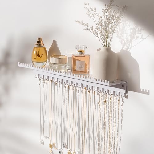 Necklace Holder Wall Hanging Organizer: Wall Mounted Jewelry Shelf with 56 Hooks and Tray, Display Hanger for Kids, Girls and Women, White & Metal - color: white
