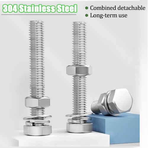 5 Sets 3/8-16 x 3 Stainless Steel Hex Head Screws Bolts, Nuts, Flat & Lock Washers,18-8(304) Full Thread - color: Silver-hex, size: 3/8-16×3"(5 sets)