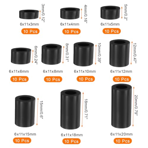 PATIKIL M6 Nylon Spacers, 100Pcs Plastic Spacer Assortment 6mm ID x 11mm OD Spacer Screw Standoff Round Electrical Outlet Spacers for 1/4in Screw Bolts Hardware Receptacle, Black