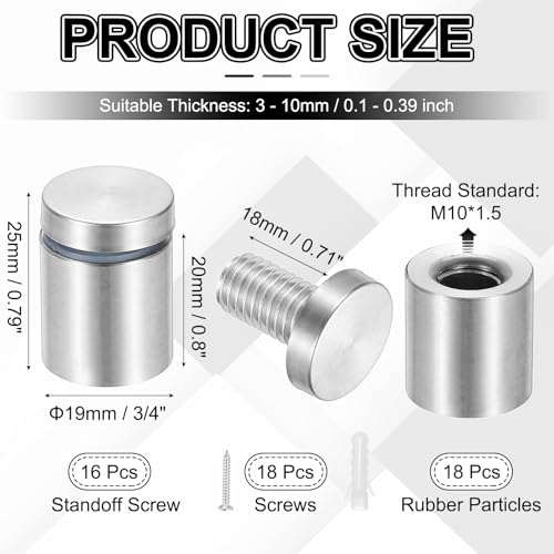 PATIKIL 3/4x1" Standoff Screws, 16 Pack Stainless Steel Stand Off Wall Mounts Wall Sign Mounting Hardware Advertising Standoff Nail for Hanging Acrylic Signs Picture Frame, Silver - size: 3/4x1"