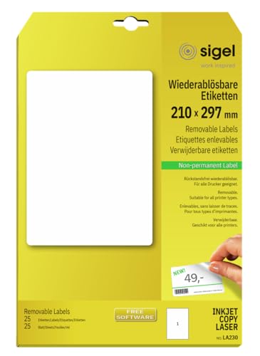 Sigel LA230 Removable Labels, 8.27 x 11.69 inches, White, 25 Labels - style: format 21 x 29,7 cm