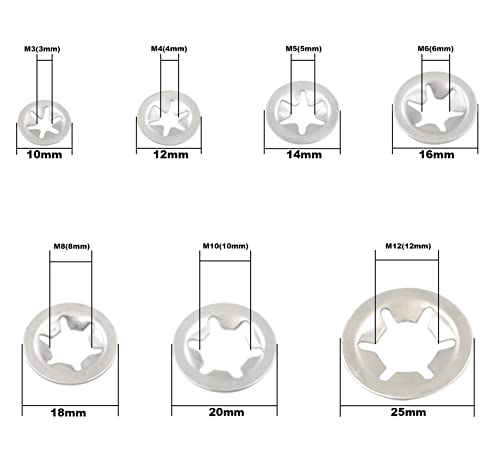 300PCS Metric M3 M4 M5 M6 M8 M10 M12 Stainless Steel Internal Tooth Starlock Washers Assortment Kit;External Push Rings; Push On Washers;Push Nuts for Unthreaded Shafts