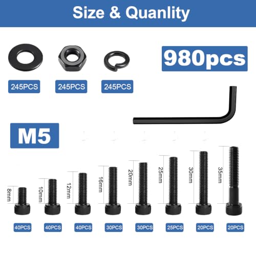 980Pcs M5 Screw Kit, Hex Socket Head Cap M5 Screws, M5 Bolts Nuts Washers - color: Black, size: Black M5--980 Pcs