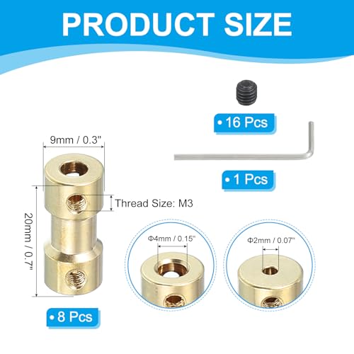 PATIKIL Brass Shaft Coupling Joint 2mm to 4mm, 8 Pcs Motor Shaft Coupler Extension Connector Rigid Sleeve Adapter Transmission Joint with Screws for RC Car Tires Shaft Motor - size: 2mm to 4mm