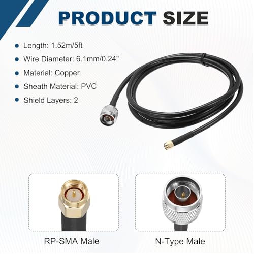 MECCANIXITY KMR240 Coax Extension Cable 50ohm 5Ft SMA Male to N-Type Male - size: 5ft
