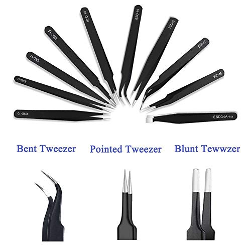 Tweezers Precision Set,Easily Life 10pcs ESD Tweezers Set, Anti Static Stainless Steel Anti Magnetic Tweezers Set with Storage Bag for Craft,Electronics Repair,jewelry repair,Laboratory Work,etc